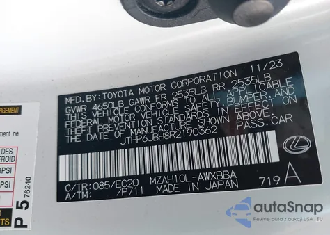 2024 Lexus Ux 250H Premium z USA, uszkodzony, nr VIN JTHP6JBH8R2190362